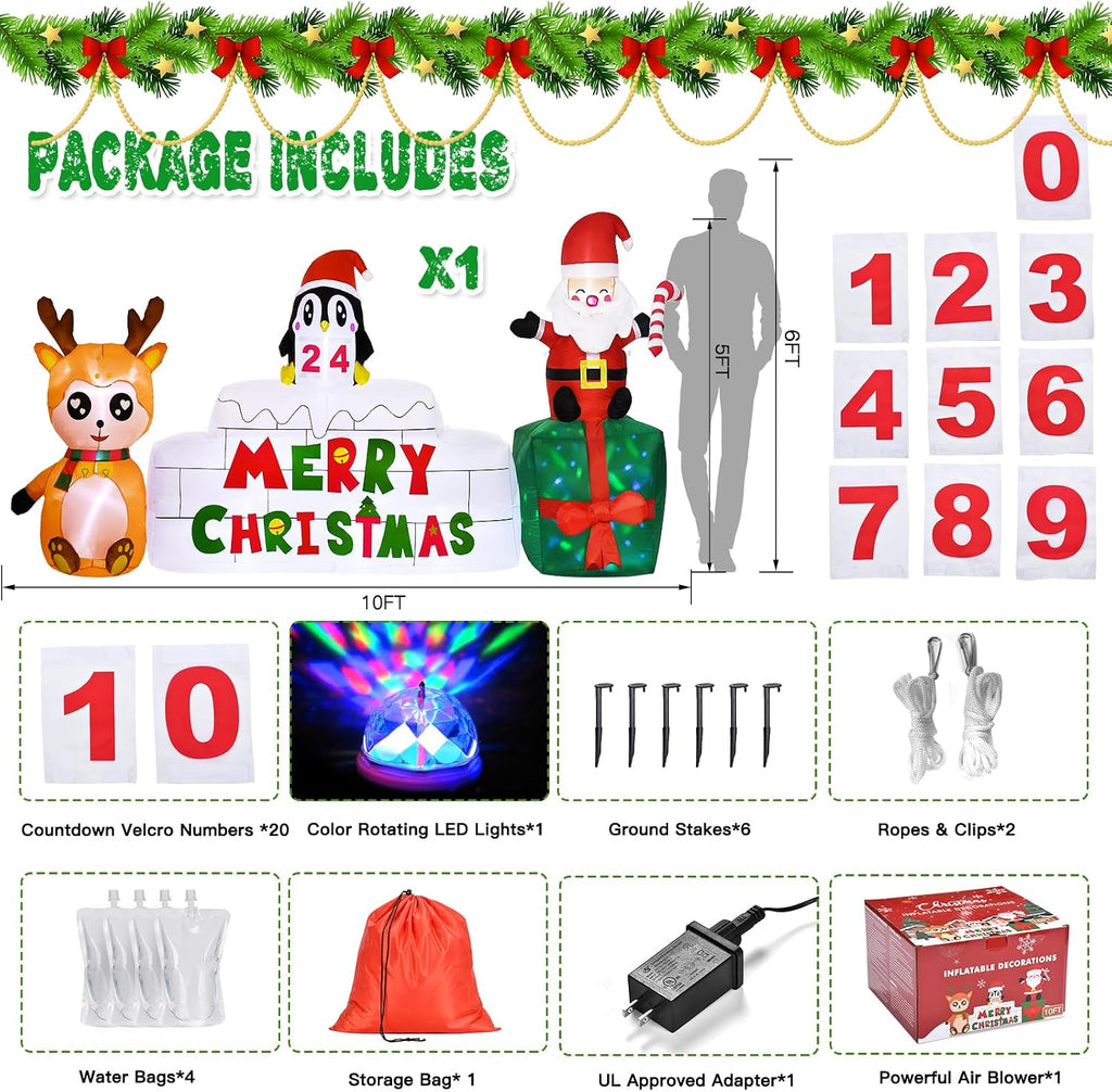 10 Ft Christmas Inflatables Outdoor Decorations Countdown Xmas Blow Up Yard Decorations, Reindeer Santa Inflatables