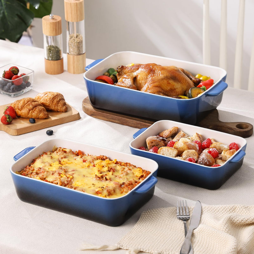 Ceramic Casserole Dish Set, Rectangular Baking Pans for Oven, Blue