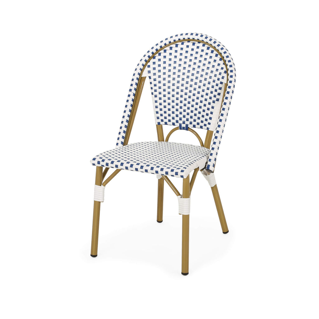 Philomena Outdoor French Bistro Chair (Set of 4), Blue + White + Bamboo Print Finish