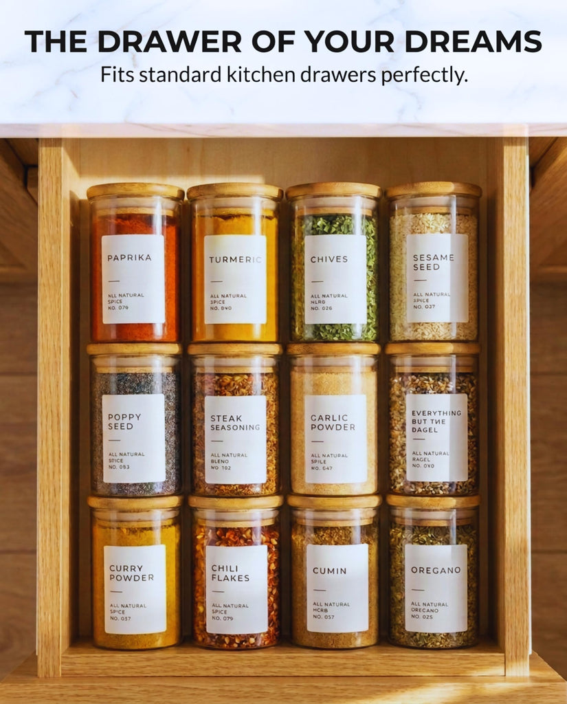 Glass Spice Jars with Label Pack (12x Bamboo Lid Glass Jar) Small 6oz Empty Spice Storage Bottles with 112 Printed