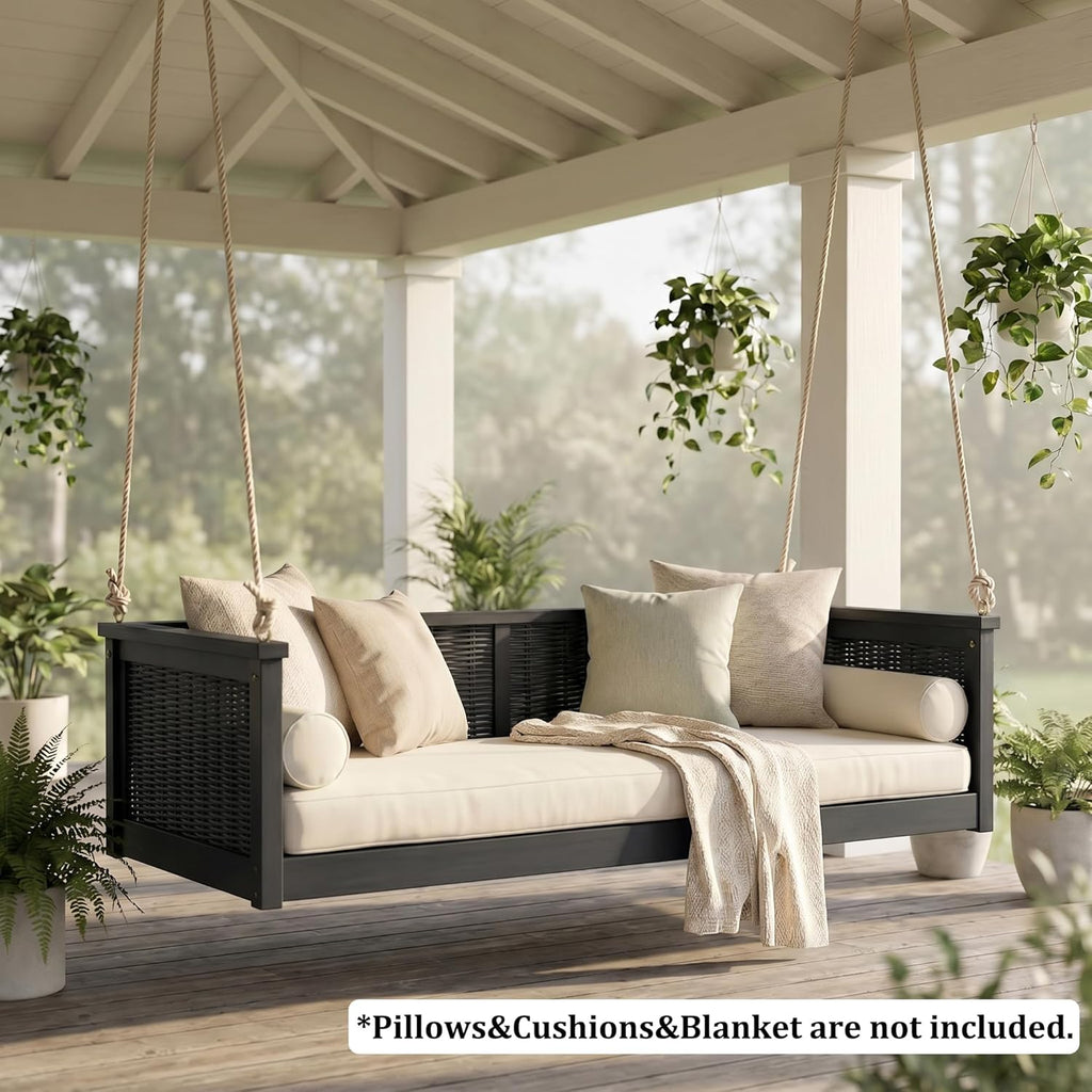 79.5in Acacia Wood Porch Swing Bed, Rattan Hanging Outdoor Daybed, Black | Hand-Woven Rattan And Acacia Wood Frame;