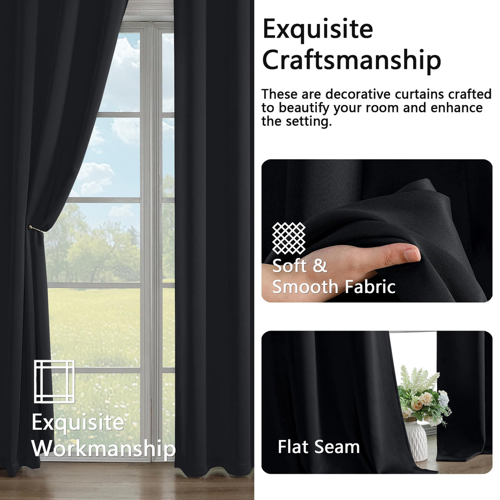 Halloween Black Blackout Curtains 108 Inches Long 2 Panels Set, Solid Thermal Insulated Room Darkening Grommet Window