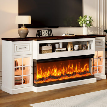 81" Farmhouse Fireplace TV Stand with 50" 3-Sided Electric Fireplace, LED Storage Entertainment Center for TVs up to