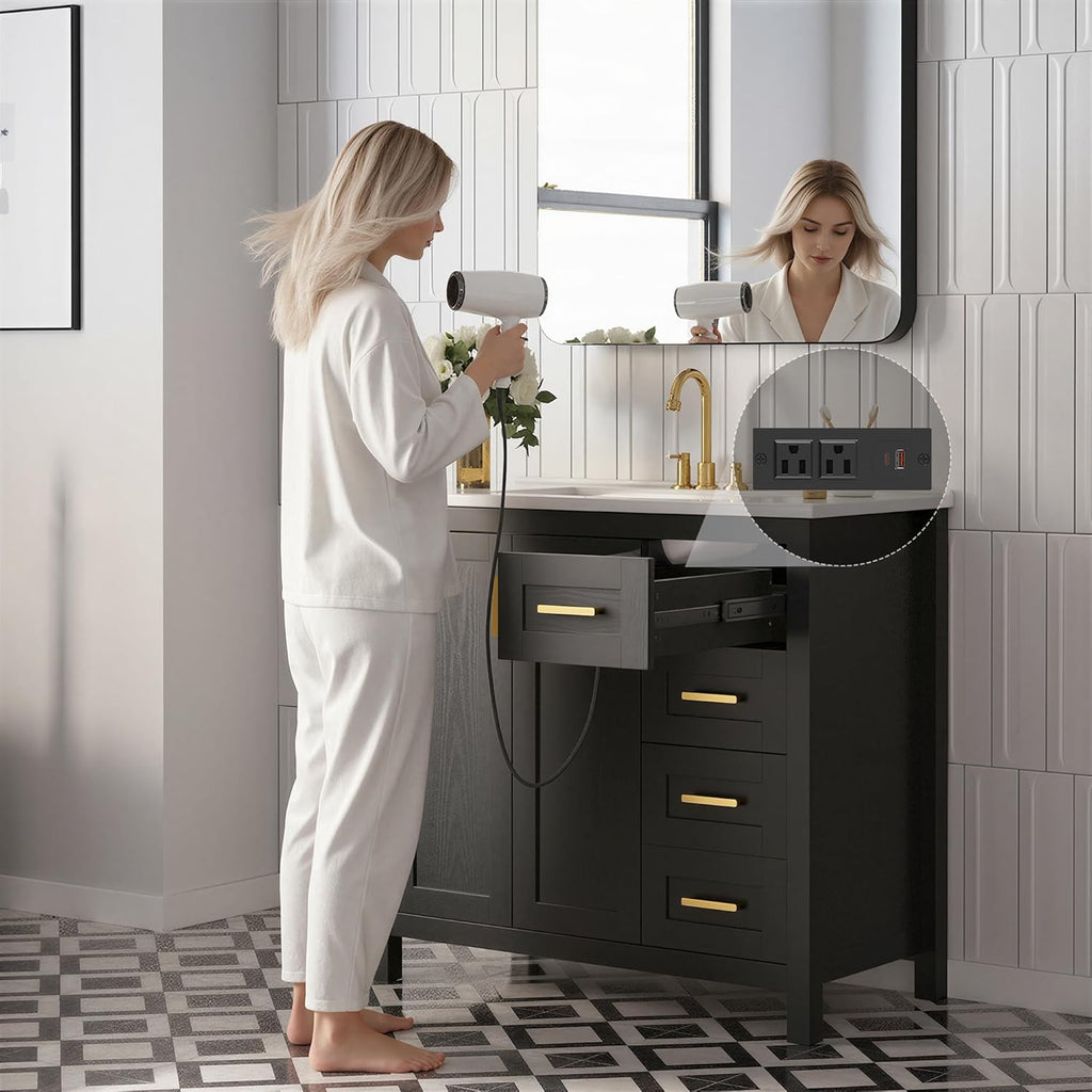 36 Inch Black Bathroom Vanity with Sink, Modern Single Sink Bath Vanity with Drawers & 2 Doors