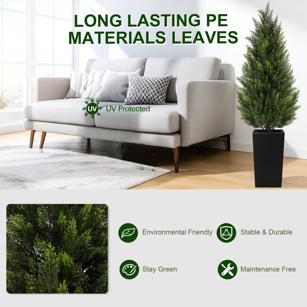 5FT Artificial Cedar Topiary Trees 2 Pack, Realistic Faux Cypress Trees with Square Black Planter Pot, UV Resistant