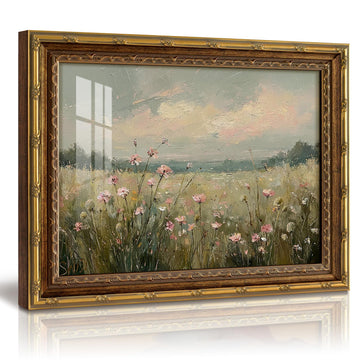 Gold Framed Landscape Wall Art, Wildflower Filed Canvas Print