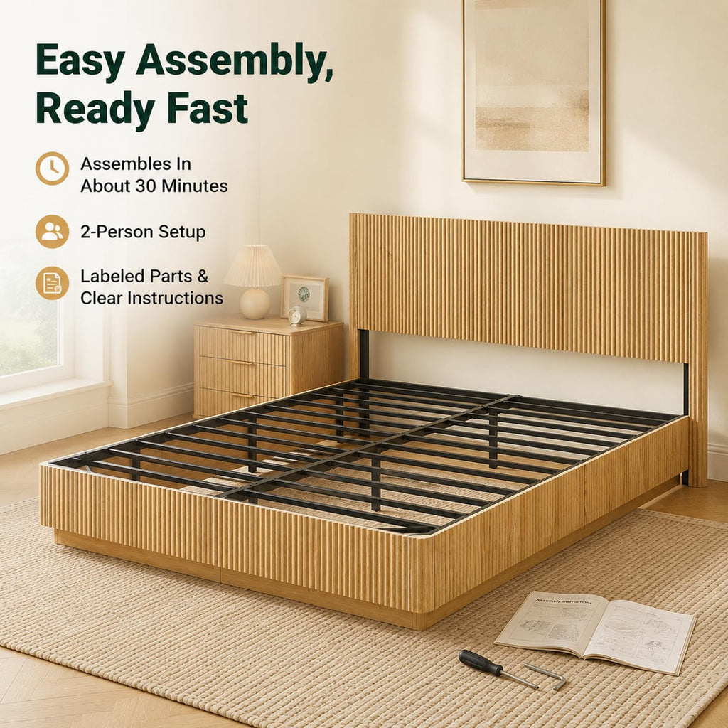 Queen Size Floor Platform Bed Frame with 44.5"h Fluted Headboard, Oak