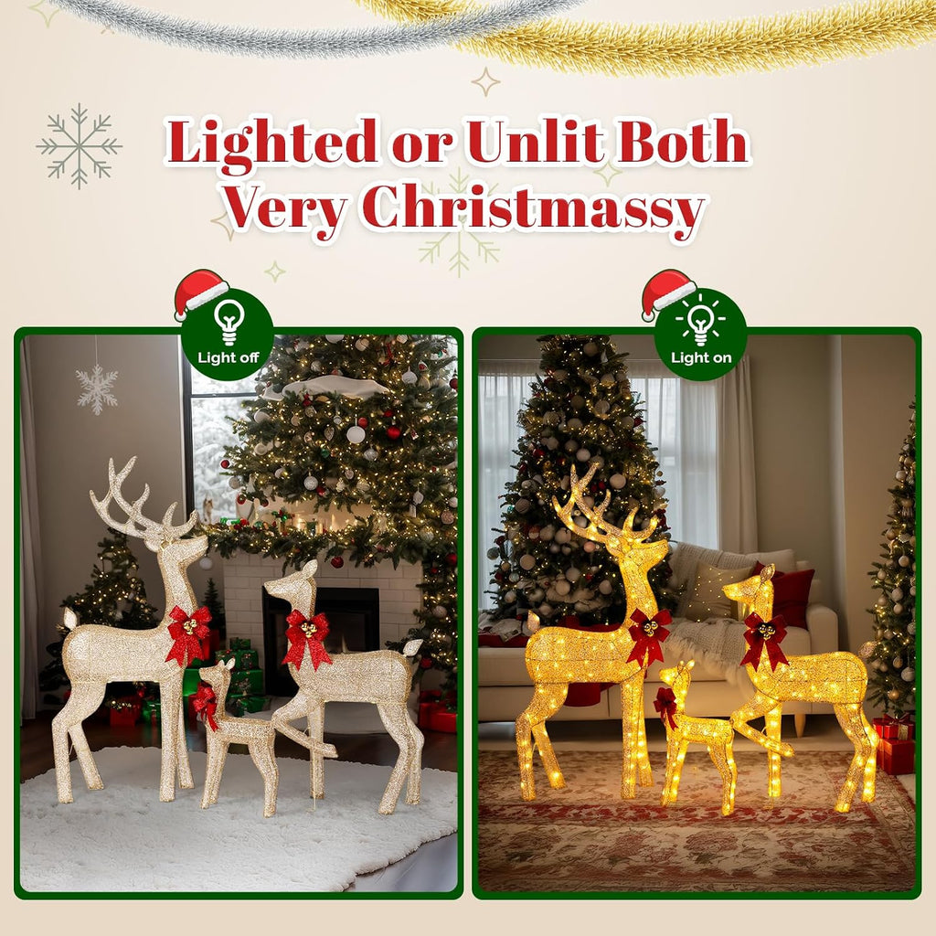 3-Piece Lighted Golden Christmas Reindeer Family Set, 5FT White Buck Doe Fawn Outdoor Decorations, Weatherproof Deer