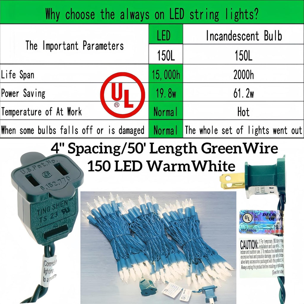 150 LED Warm White Christmas Lights, UL Certified 22# Green Wire 50 Ft, Commercial Grade Decorative Lighting String