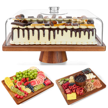Acacia Wood Cake Stand with Lid, 2-in-1 Large Rectangular Cake Stand, 16*12"
