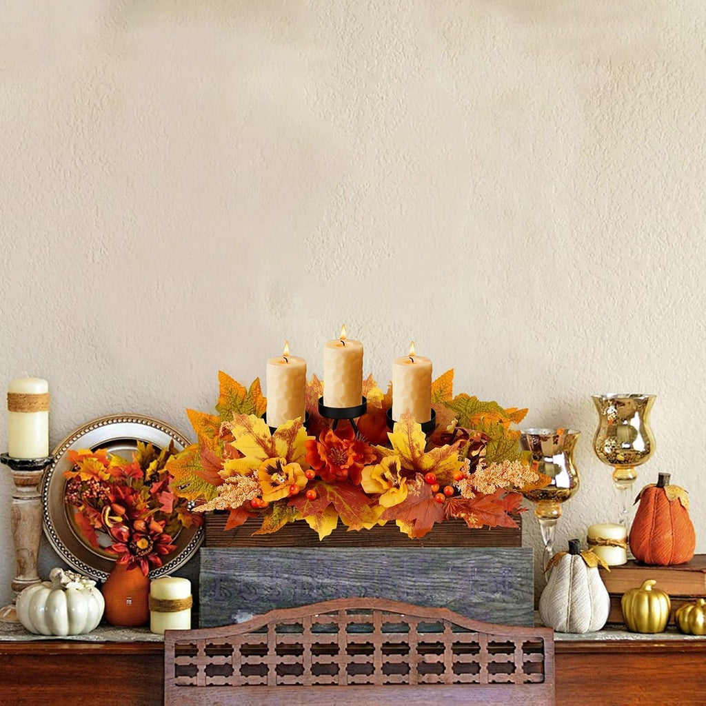 Fall Thanksgiving Centerpiece with 3 Candle Holders Harvest Table Centerpiece Decorations Autumn Maple Leaves - Set of 3