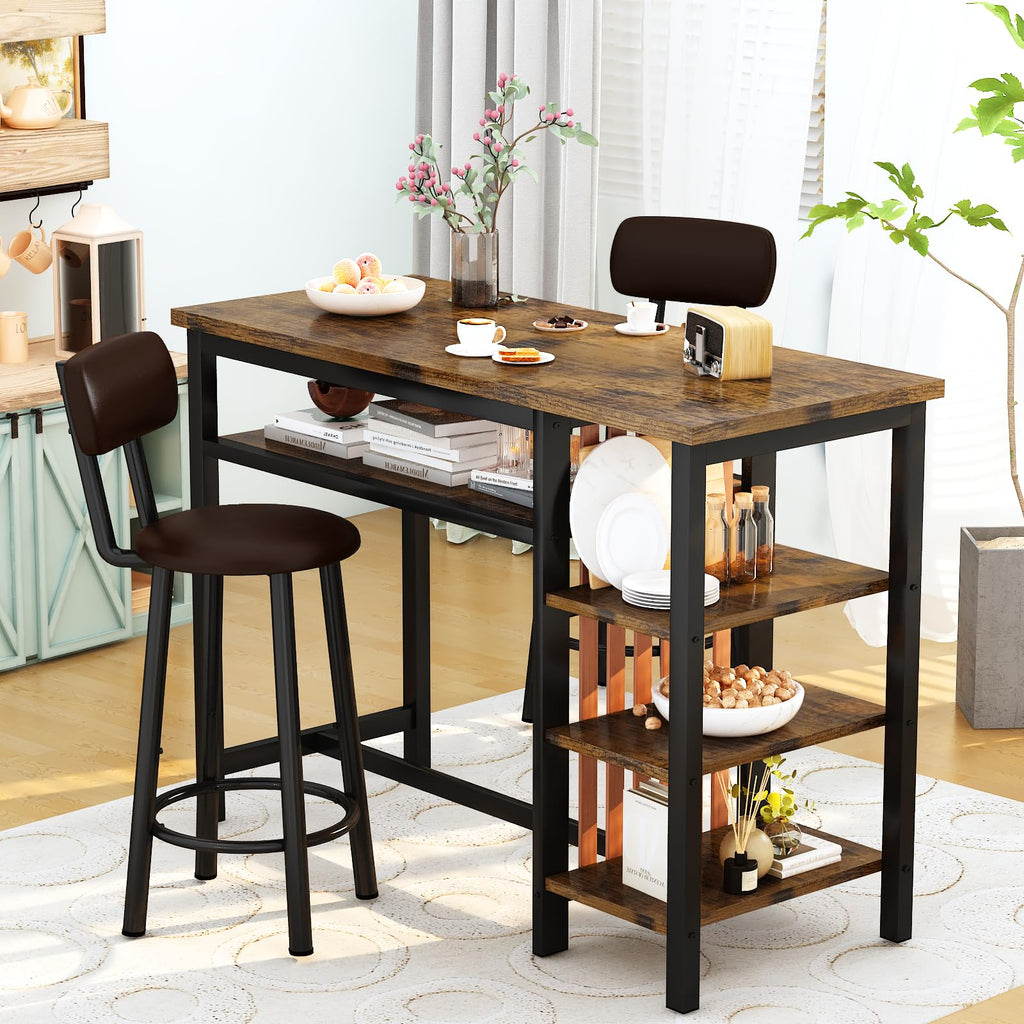 47" Bar Dining Table Set for 2, 3 Piece Bar Table and Chairs Set, Kitchen Counter Height Dining Table Set, Small