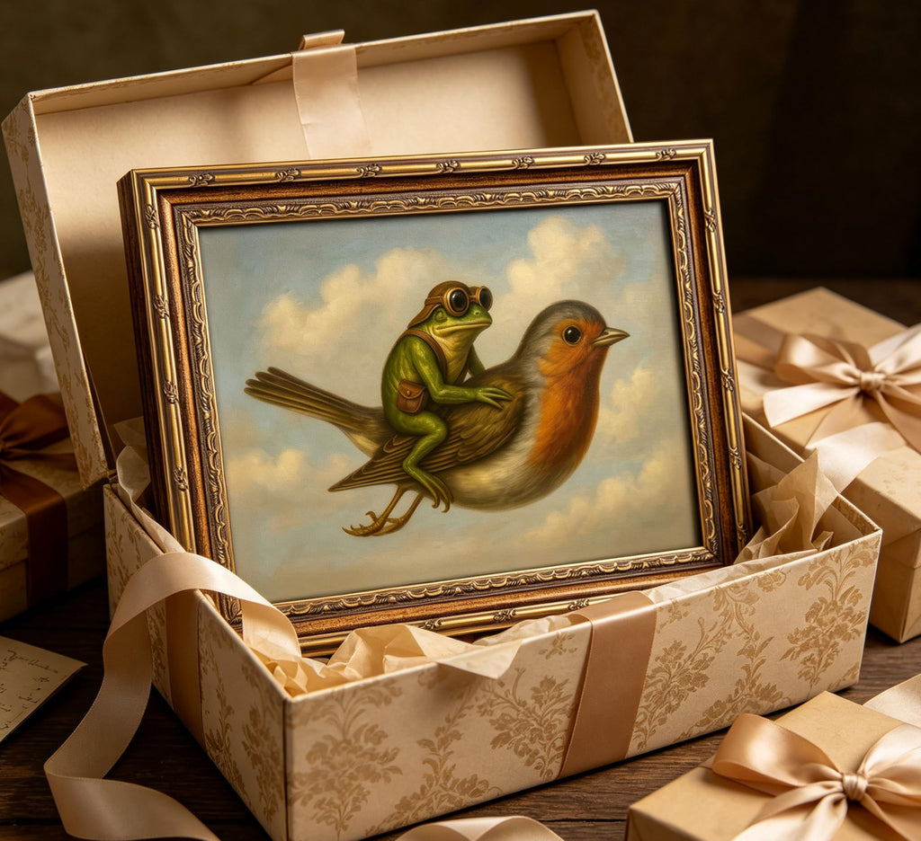 Vintage Gold Framed Whimsical Frog Robin Wall Art, Frog Riding Bird Oil Painting Canvas Print, Whimsical Animal