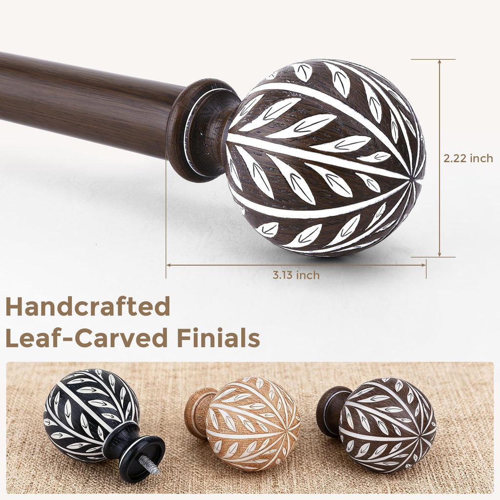 2 Pack Wood Boho Decorative Curtain Rod, 36-91 Inch, Walnut