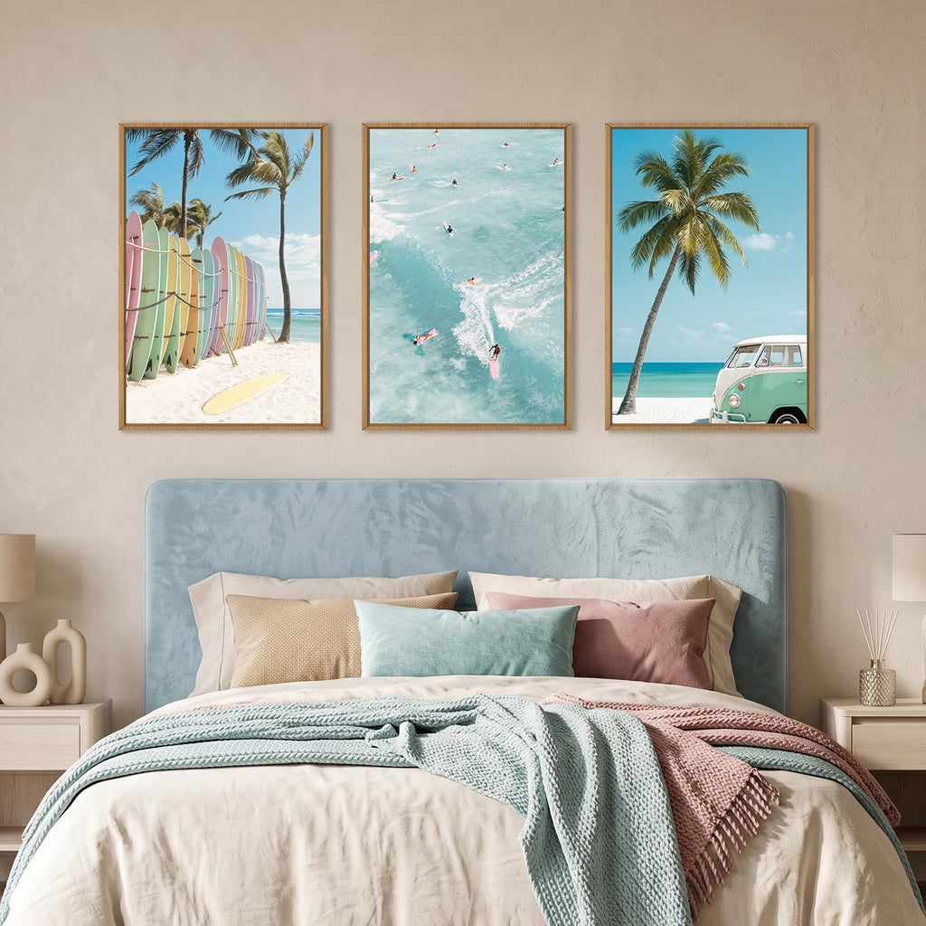 Blue Ocean Surfboard Seascape Framed Canvas Wall Art Set-16"x24"x3