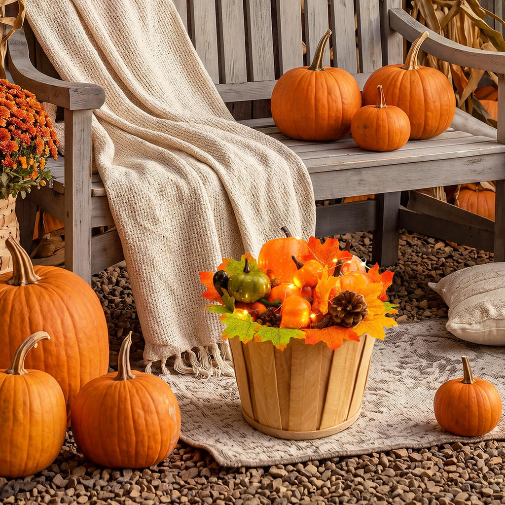 Fall Front Porch Decor Set Wooden Autumn Harvest Basket 9 x 6.7 in