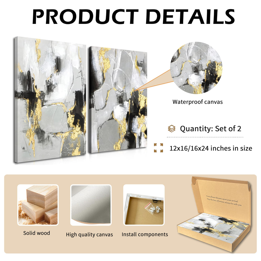 Framed Abstract Black Gold Wall Art Set of 2, Modern Black White Gold Canvas Prints Poster Picture Bedroom Office