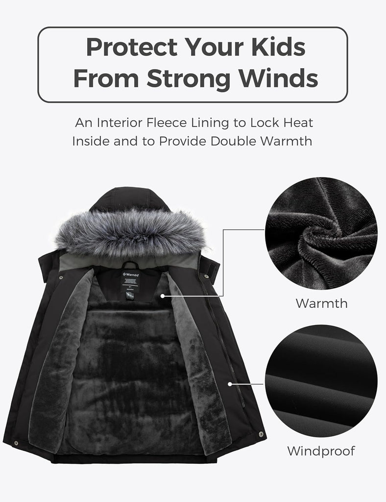 Boys' Winter Coat Waterproof Puffer Jacket Fleece-Lined Parka Hooded