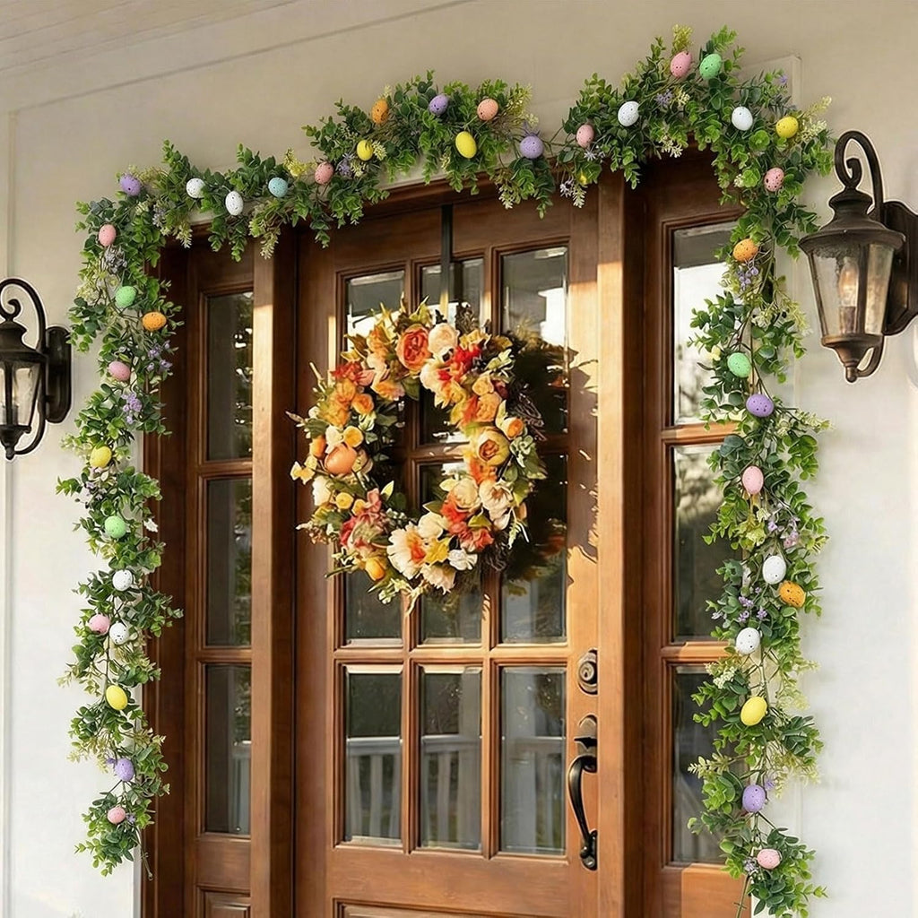 6FT Easter Garland with Muticolor Eggs and Greenery Leaves-Farmhouse Artificial Spring Vine Centerpiece - Set of 6