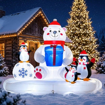 8 FT Christmas Inflatable Polar Bear with 3 Penguins, Lighted Blow Up Polar Bear, Outdoor Christmas Yard Decorations