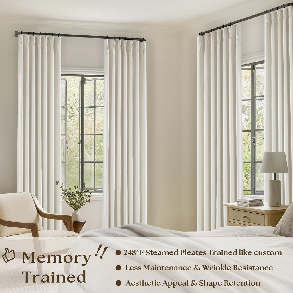 Natural Linen 100% Blackout Pinch Pleated Curtains 108 Inches Long 2 Panels