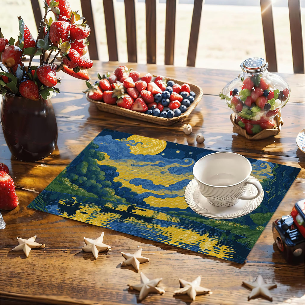 Van Gogh Style Watercolor Painting Placemats, 12 x 18 inch, Linen Table Runner Kitchen Dining Room Decor Holiday