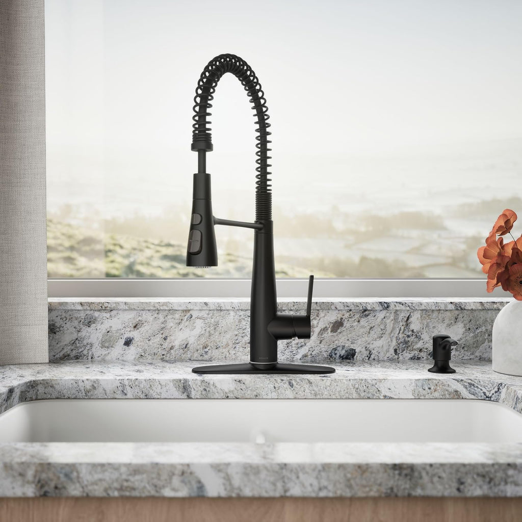Semi-Pro Kitchen Sink Faucet with Soap Dispenser | REC22745-SD-BL, Commercial Kitchen Faucets with Pull Down Sprayer