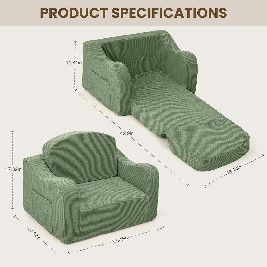 Kids Sofa Chair, in-1 Kids Couch, Fold Out Foam Sofa, Green