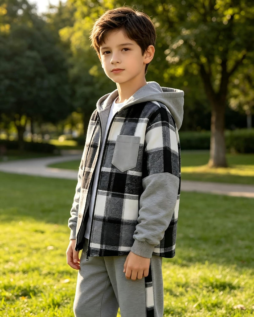 Boys 2‐Piece Sweatsuit Set, Zip‐Up Plaid Patchwork Hoodie Sweatshirt & Pants, Kids Fall Winter Outfits for 7‐