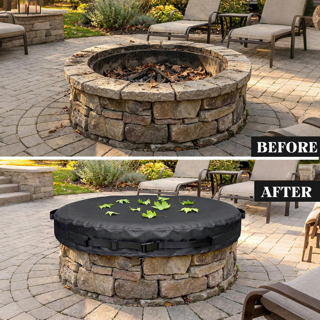 Outdoor Fire Pit Cover Round for In-Ground Fire Pits 61-66 Inch, 600D Oxford Waterproof Weather-Resistant Firepit