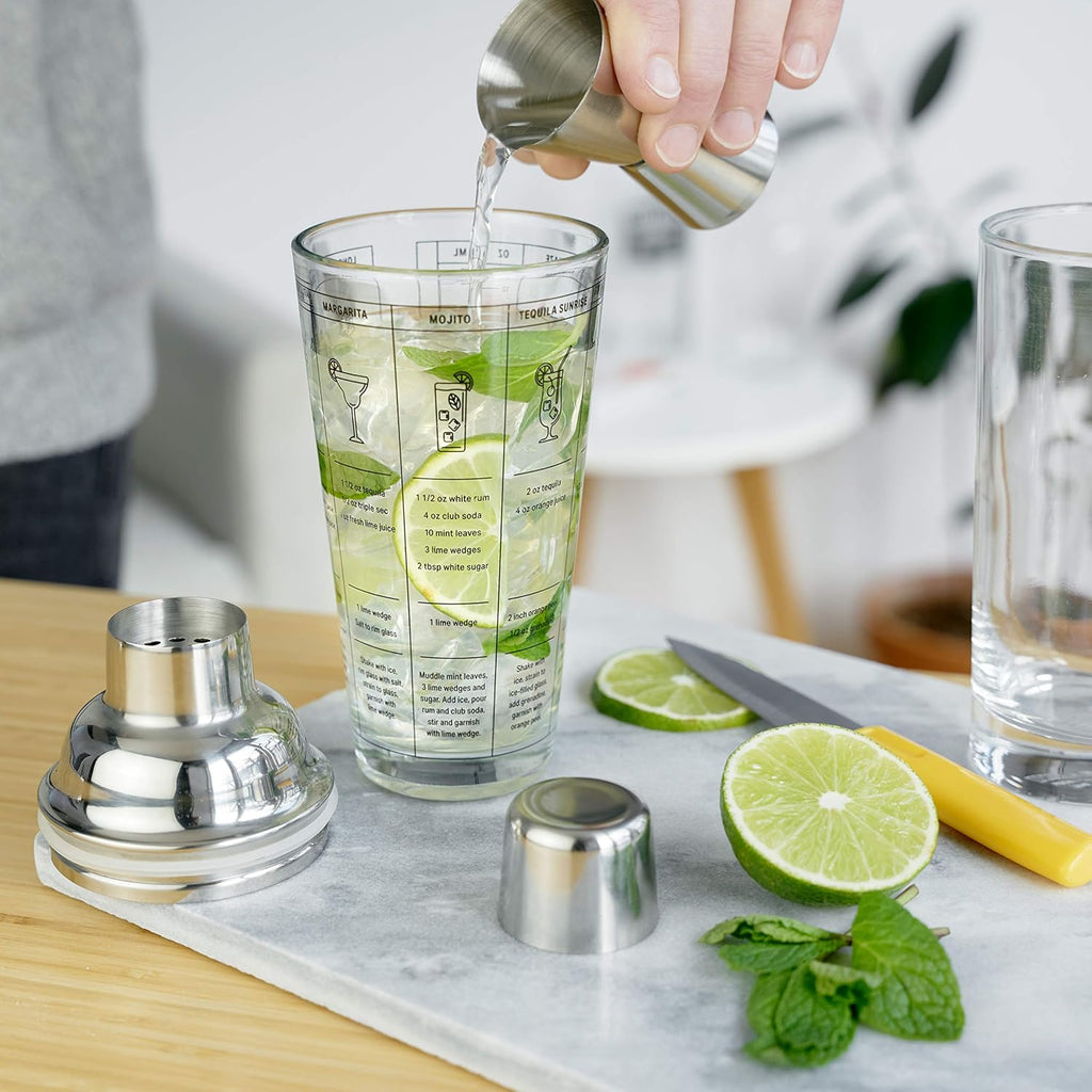 Glass Cocktail Shaker with 7 Classic Recipes and Measurements for Cold Brew Cocktails, Home Bar Accessories, Bar