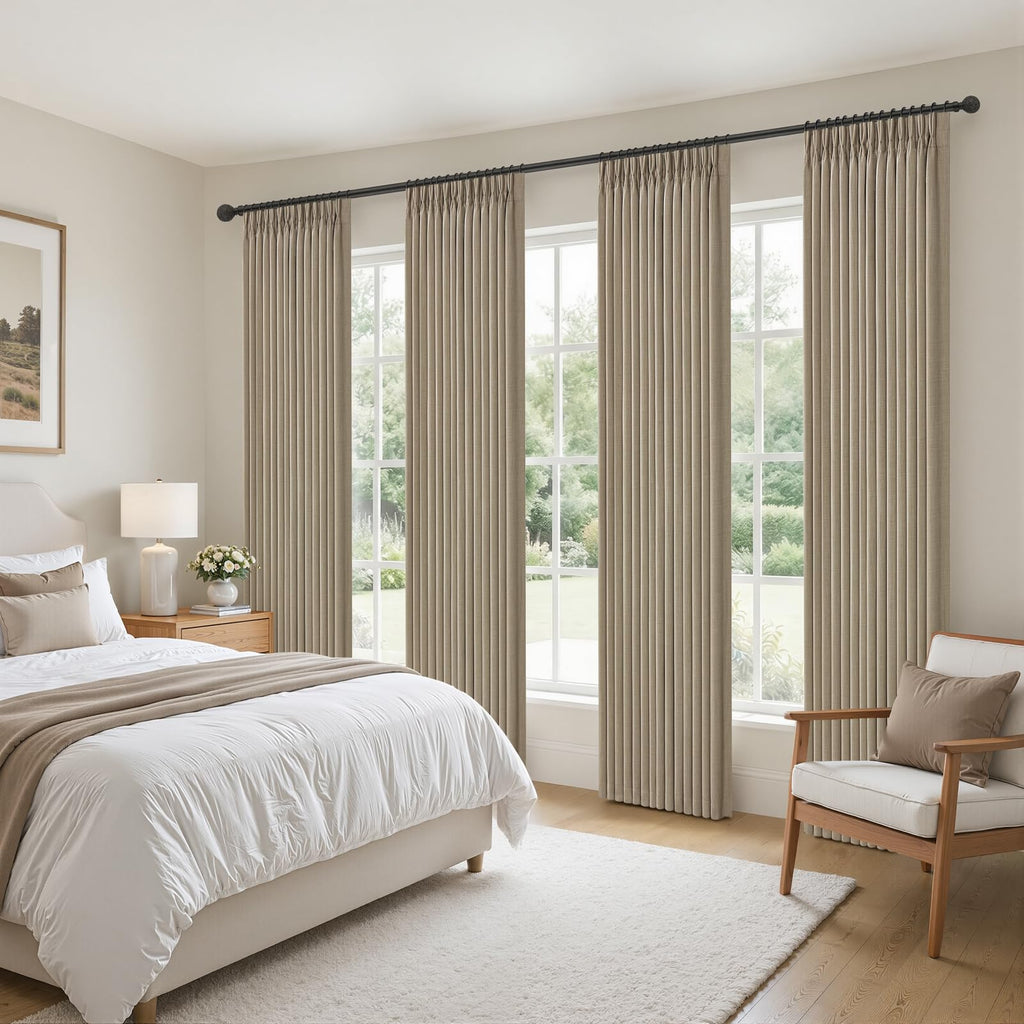 Taupe Pleated Linen Blackout Sliding Doors Curtains 4 Panels Set 84 Inches Long, Memory Trained Pinch Pleat Insulated