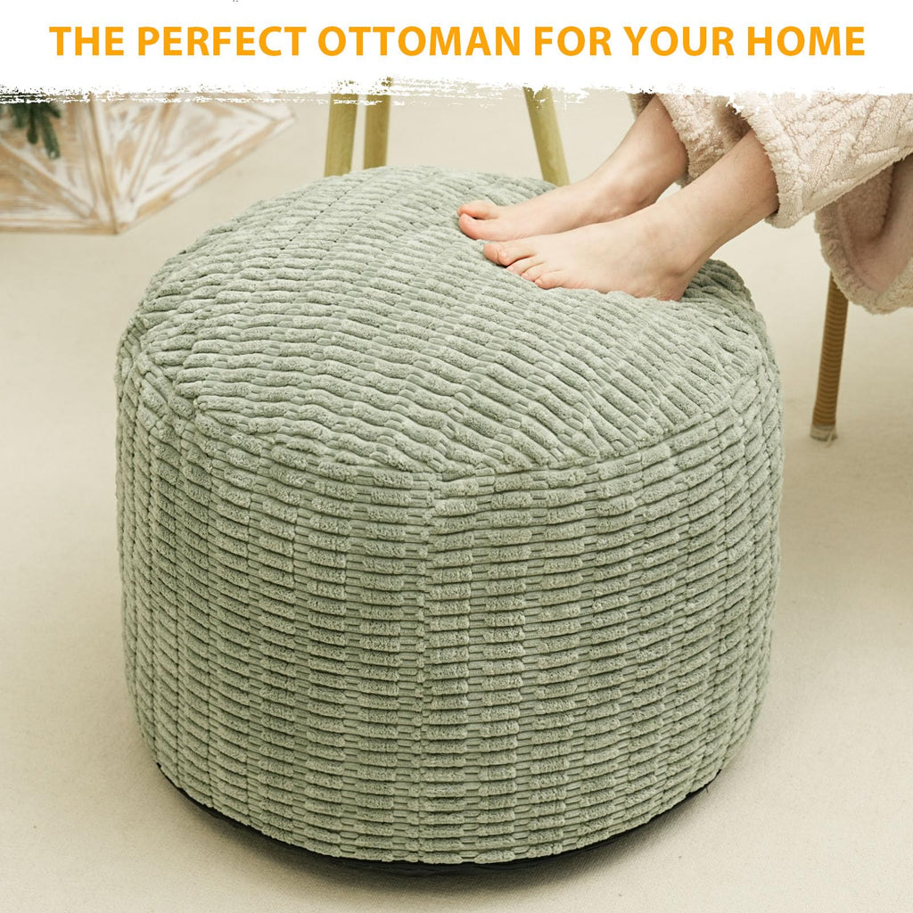 Round Stuffed Pouf Ottoman for Foot Rest 20" X 15" Faux Fur Poufs, Green