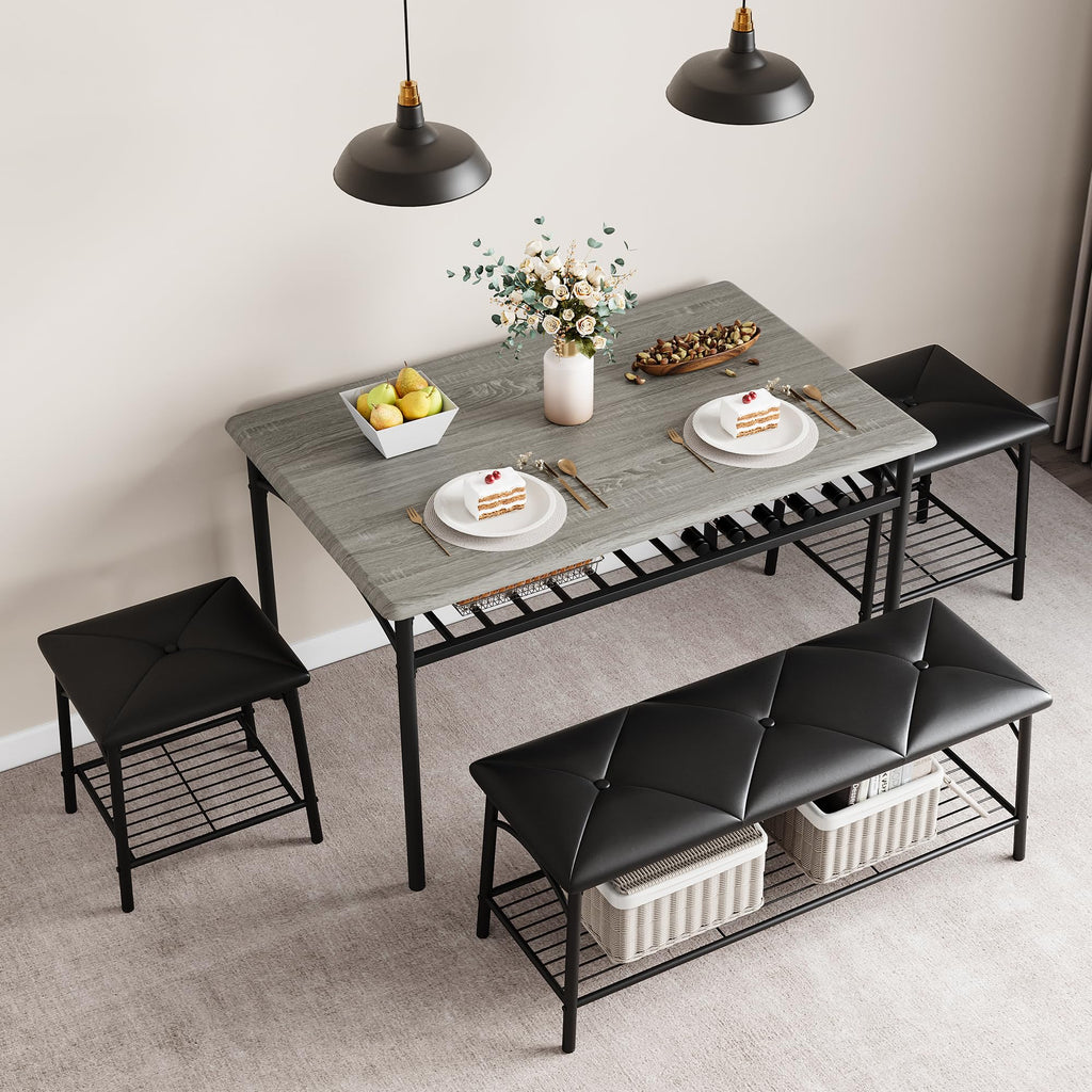 Dining Table with Benches, Kitchen Table Set for 4, Dining Room Table Set with Upholstered Bench and Square Stools