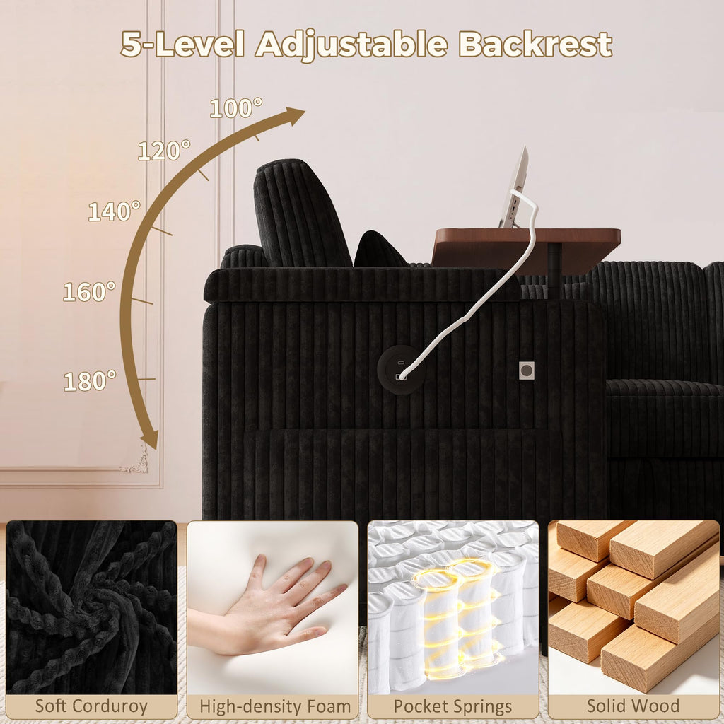 100" Convertible Sectional Sofa Bed, Pull Out Couch Bed with Storage Chaise, Table Board, USB Ports & Cup Holder