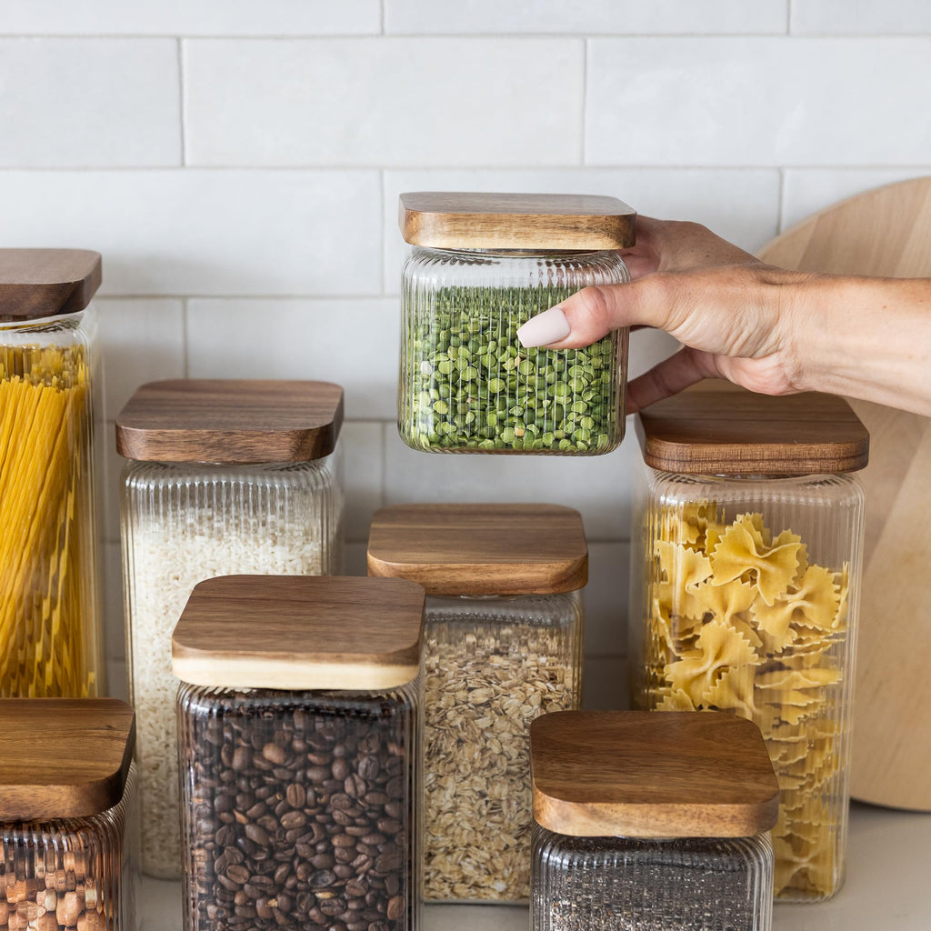 Ribbed Glass Square Jar with Wooden Lid 58fl.oz - Set of 3 | Airtight Fluted Storage Canister for Food, Pasta