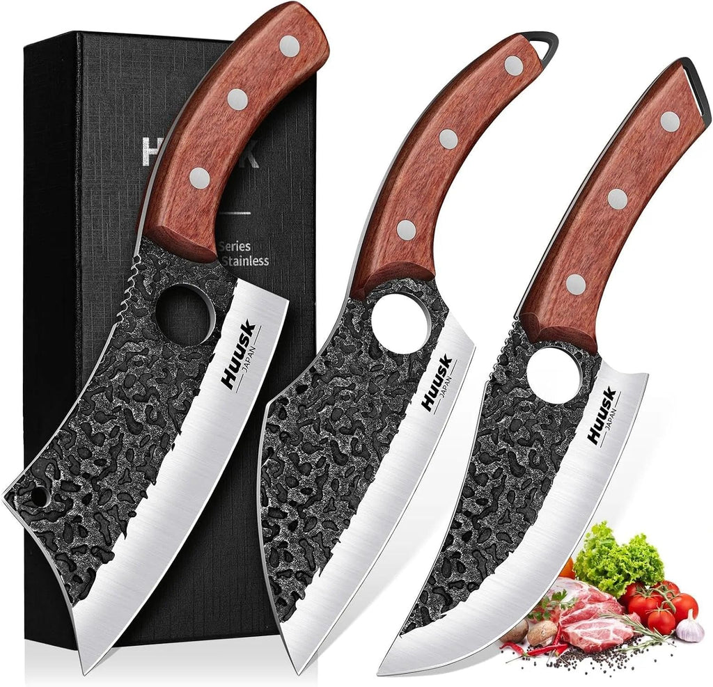 Butcher Knife Set of 3 - Japanese Knife Set for Meat Cutting | Hand Forged Viking Knives Sets with Meat Cleaver