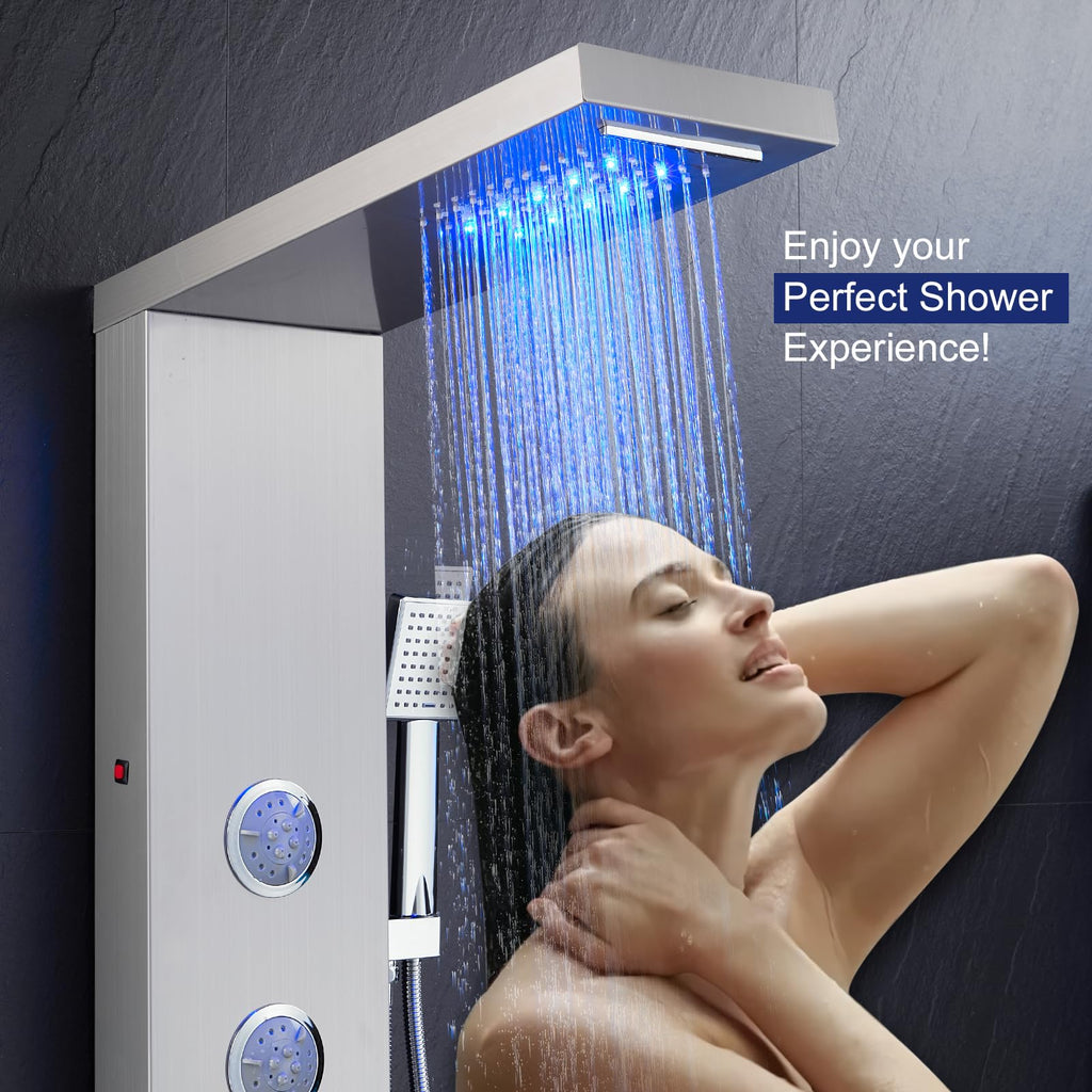 6-in-1 LED Rainfall Waterfall Shower Panel Tower System, Brushed