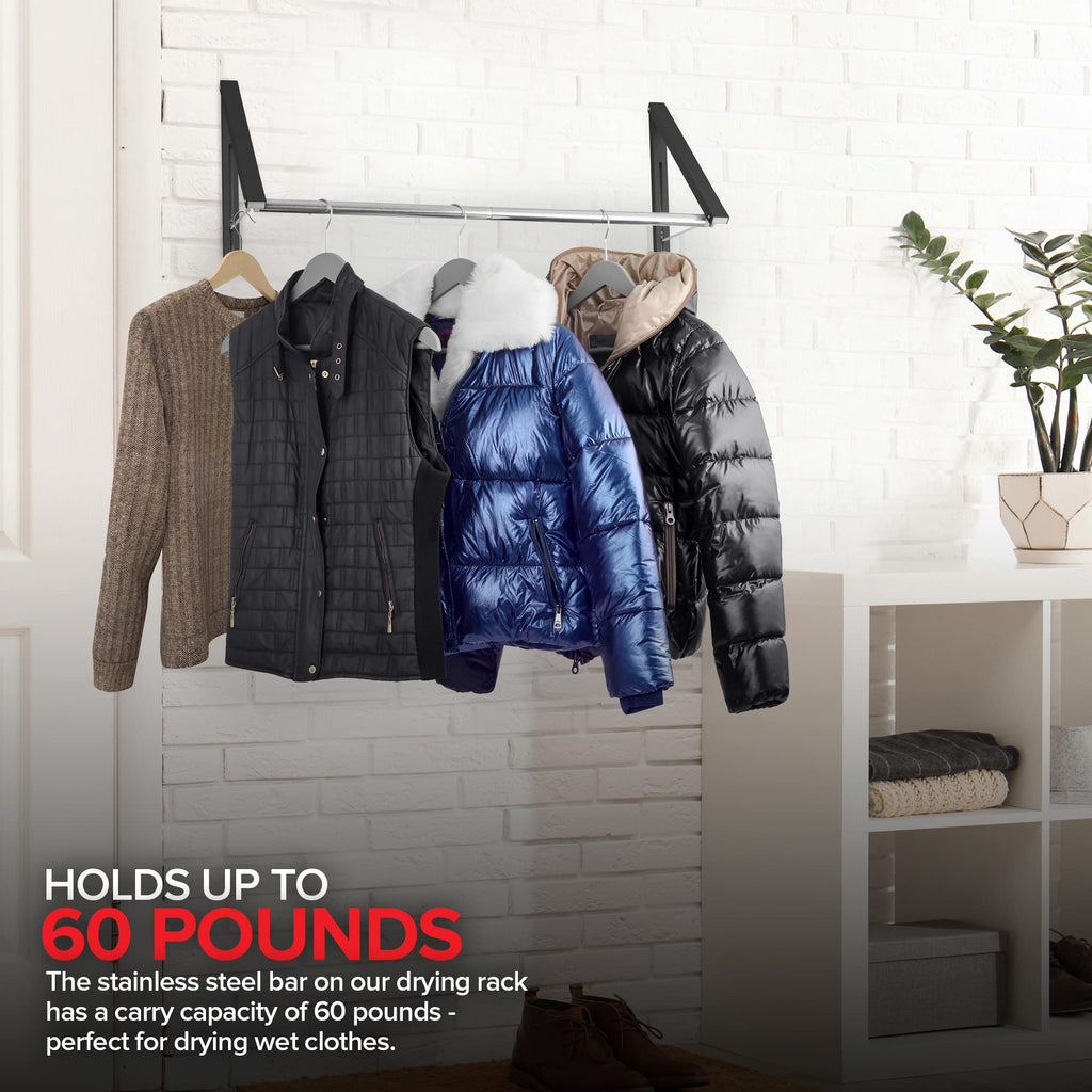 Double Foldable Clothing Rack w/ Extension Rod, Wall-Mounted Retractable Clothes Hanger for Laundry Dryer Room