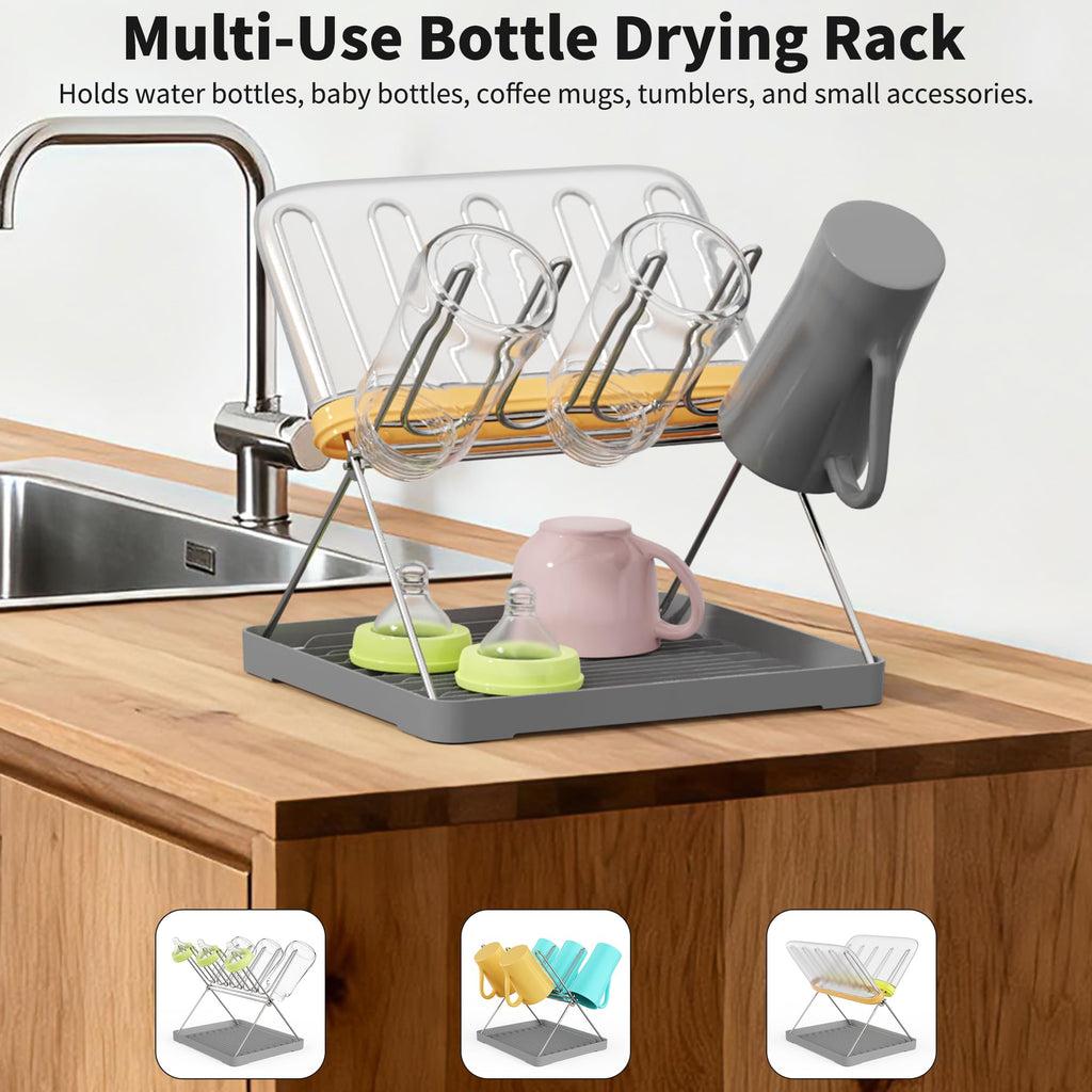 Bottle Drying Rack, Stainless Steel Foldable Water Bottle Drying Rack Organizer with Drain Tray for Baby Bottles