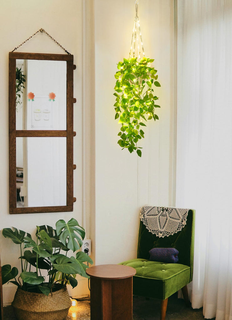 Fake Hanging Plant with Lights, Artificial Plants Decor Indoor Macrame Plant Hanger with Fake Vines, Batteries NOT