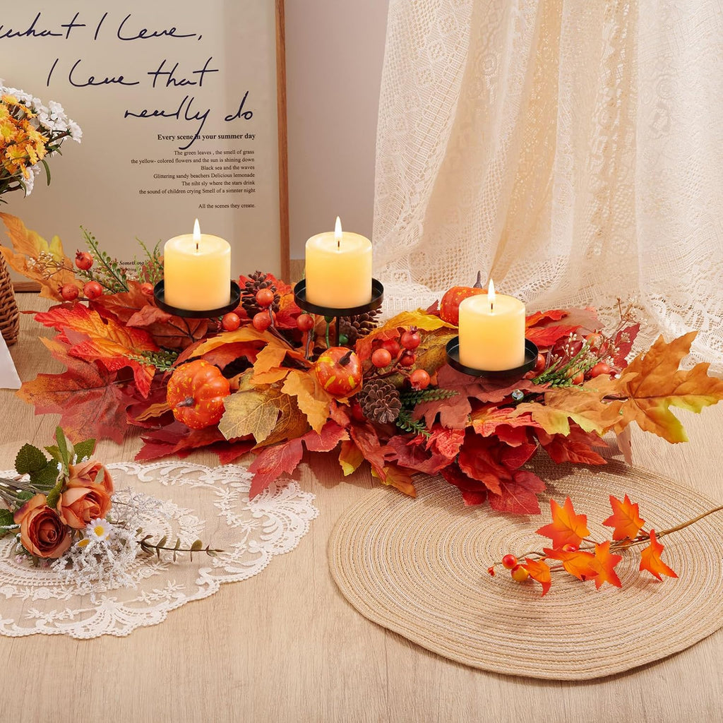 27.56" Fall Candle Holder Centerpiece, Thanksgiving Table Decor with Metal Candle Cups Large Foldable Autumn Leaves