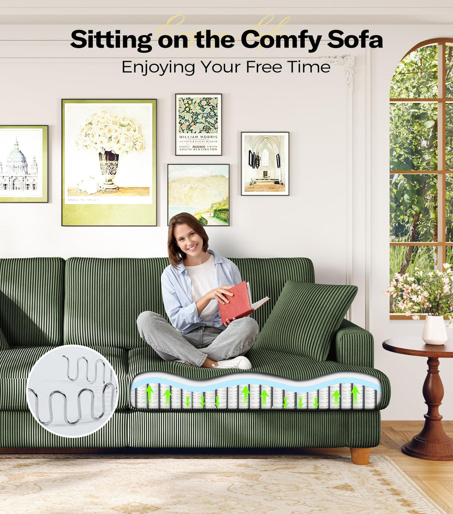 87in Corduroy Couch, 3 Seater Sofa, Sofas & Couches, Green Couch