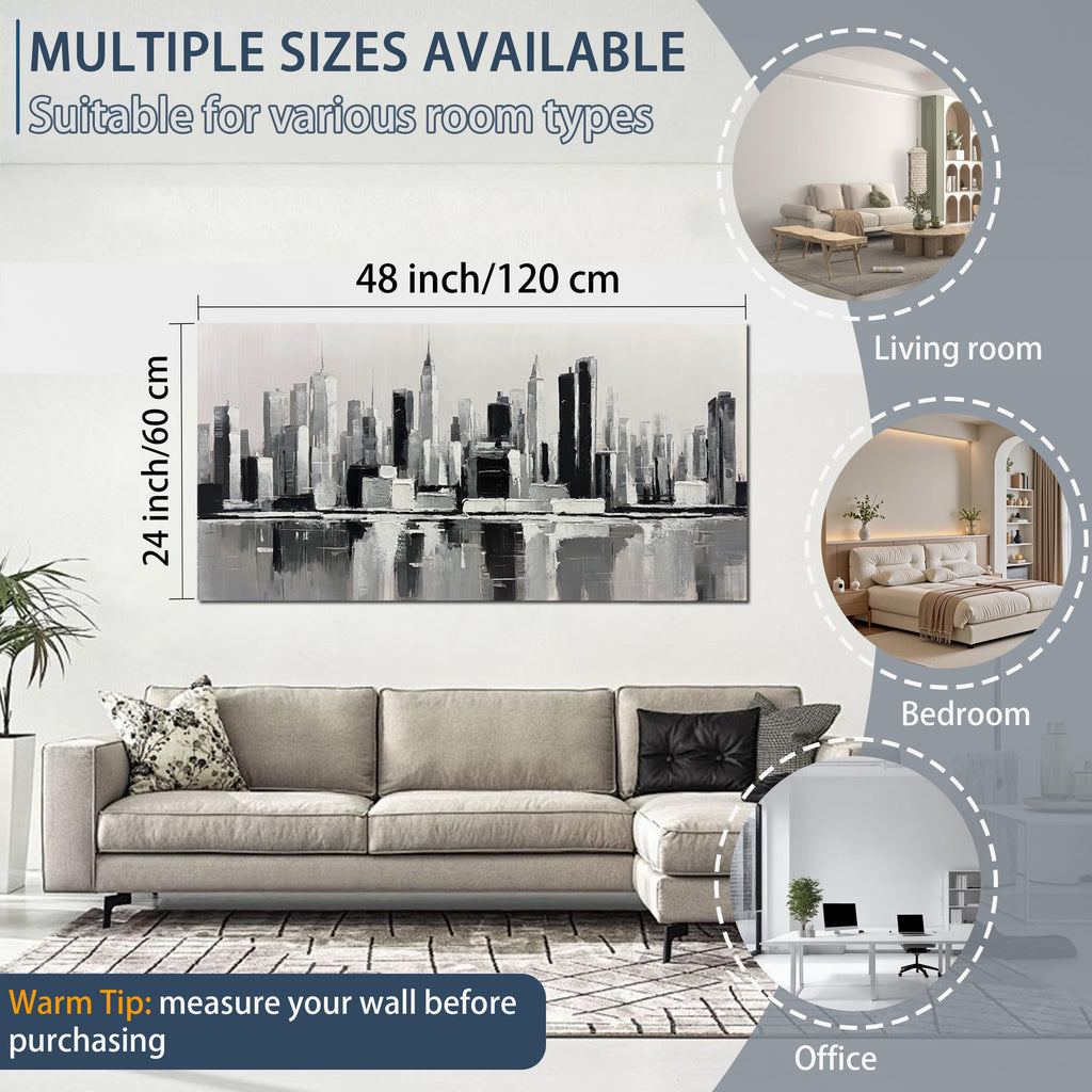 Black and White Wall New York City Textured Painting 24x48 Inch