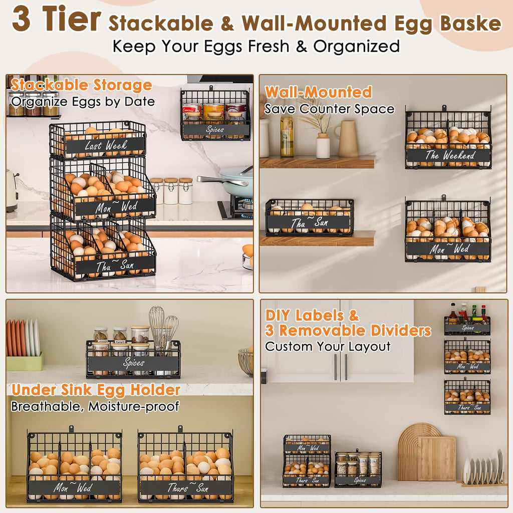 3-Tier Egg Holder Countertop with Labels & Marker, Stackable Wire Basket