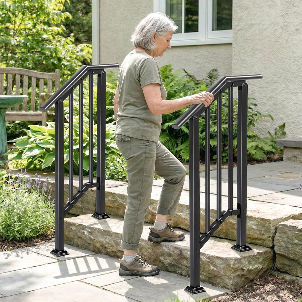 2 Pack 2 Step Handrails for Outdoor Steps, Wrought Iron Stair Railing Fits 1 or 2 Steps, Metal Hand Railing with