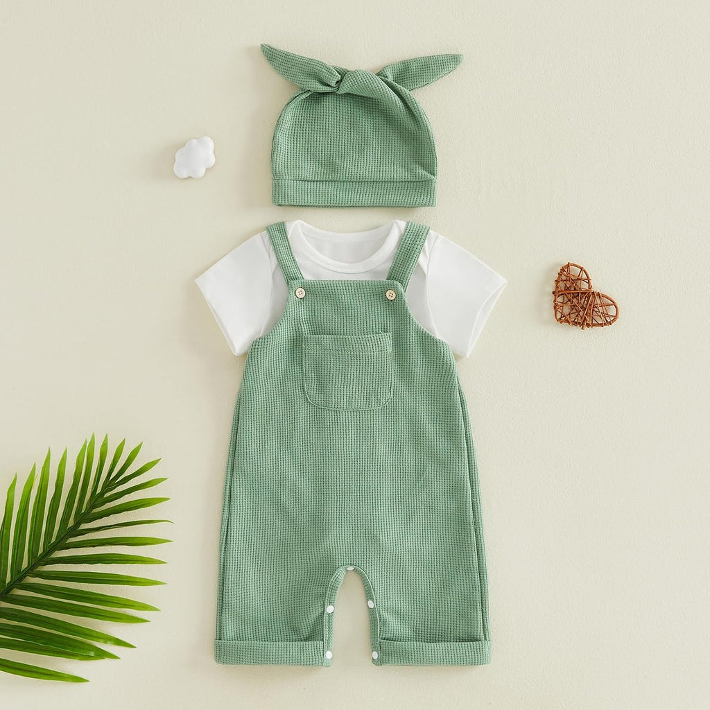 Newborn Baby Boy Clothes Summer Outfit Solid Color Short Sleeve Romper Waffle Suspender Shorts Overall Set 3Pcs