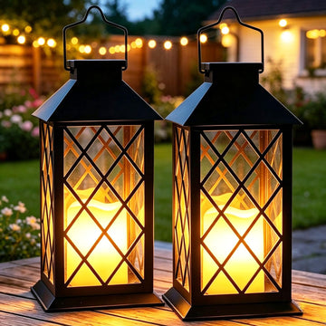 2 Pack 14" Large Tempered Glass Solar Lanterns Outdoor Waterproof