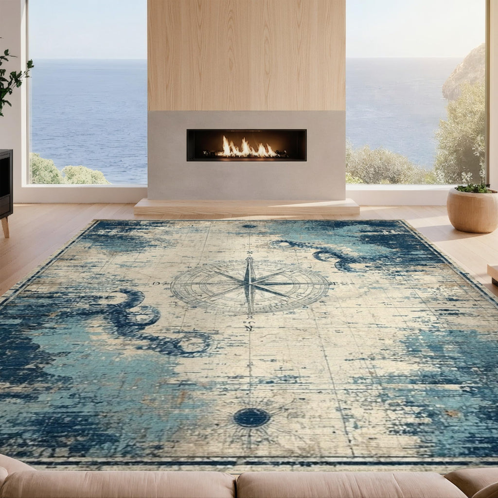 5x7 Washable Area Rugs, Navy Nautical Compass