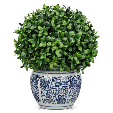 Artificial Topiary Boxwood Ball in Blue and White Ceramic Pot, 9 Inch Artificial Boxwood in Planters Decorative Fake